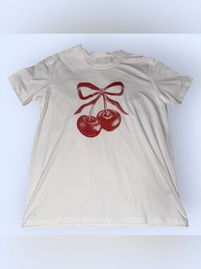 White Graphic Tee with Red Cherry Print
